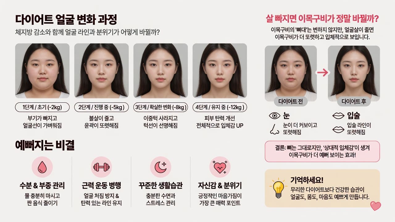 다이어트 얼굴 변화 과정과 예뻐지는 비결, 살 빠지면 이목구비가 정말 바뀔까?