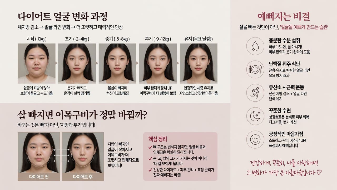 다이어트 얼굴 변화 과정과 예뻐지는 비결, 살 빠지면 이목구비가 정말 바뀔까?